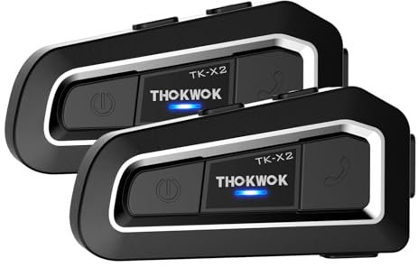 THOKWOK Interfono Moto Bluetooth Coppia, 2x TK-X2 Auricolari per Casco Moto 3 Motociclisti, Cuffie per motociclo 1000M Sistema di Comunicazione con Suono Stereo Hi-Fi/Radio FM, per Motoslitta/ATV