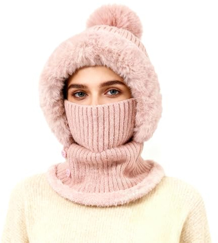TAGVO Gorro de Punto Invierno Mujeres, Invierno Cálido Gorro De Punto y Calentador De Cuello, Pasamontañas Térmico Invierno de Viento con Mascarilla, Forro Suave y Grueso para Al Aire Libre,Gris