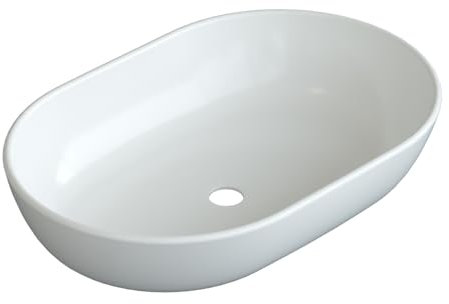 YAKE Aufsatzbecken Keramik Aufsatzwaschbecken 60x 42x 14cm Bad Waschplatz Waschbecken Handwaschbecken klein Gäste wc weiß oval Design ohne Wasserhahnloch und Überlauf