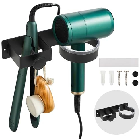 FHISKUNYU Soporte para Secador de Pelo y Plancha sin Taladro en Acero Inoxidable Negro – Soporte de Pared para Baño, Hoteles y Barbería – 1 Unidad​