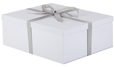 KdmNzoo Geschenkbox mit Deckel 42 x 32 x 15.5 cm groß xxl, Geschenkbox mit Schleifen, Grußkarten, Raffia Hamper Shreds für Weiß