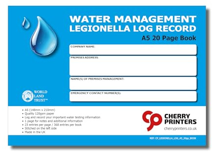 Cherry Water Management Legionella Carnet de notes A5 | 20 pages | 368 entrées de test d'eau | Contrôle de température et journal de chasse d'eau | Conforme à l'ACoP L8 | Papier 120 g/m² | Fabriqué au