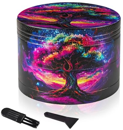 Grinder Große Crusher, 63 mm Kräutermühle 4-teiliges Set Lila Baum-Design, Cool Gewürzmühle Metall für Küche Spice Gewürze Kräuter, Geschenk für Männer Herren Freund Ehemann (Bunter Baum)