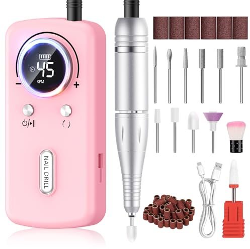 PKBD Fresa per Unghie Professionale 45000RPM per unghie acriliche e in gel, lima elettrica ricaricabile con 11 punte e display LCD per salone, casa e fai da te, colore rosa