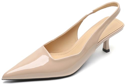 Scarpe Slingback Donna Punta Affusolata Tacco Gattino 6 cm Tomaia Liscia Effetto Verniciato Chic retrò Serata Cocktail, Nude,41 EU