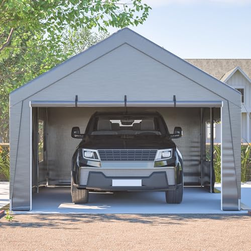 Tältgarage carport, 6 x 4 x 3 m garagetält vintersäkert, rulldörrar och ventilerade fönster, betetält, lagertält, garage skydd, garagetak för bil, SUV, lastbil, båt (grå, 6 x 4 x 3 m)