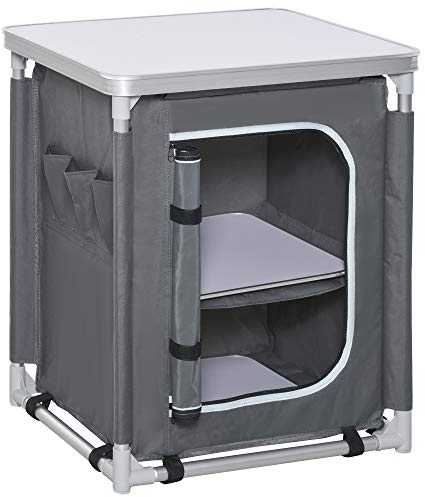 Outsunny 2-Shelf Camping Cupboard Camping Kitchen Station Cook Table Aluminum, Storage Organiser for BBQ Party Picnics Backyards with Carrying Bag