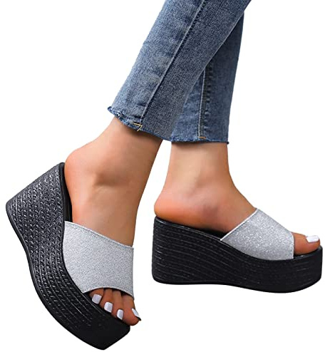 Dasongff Sandale Semelle Epaisse Sexy Club Femme Claquette Paillette Plateforme Bout Ouvert Été Sandales de Plage Talons Compensée Haut Tongs Pantoufles Slip-on Enfiler Grande Taille pour Femmes