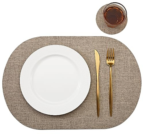 Oval Table Mats Set of 6, Faux Leather Placemats, Heat Resistant & Waterproof(Brown)