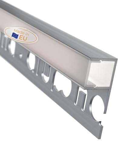 Alupona Mola LED Fliesenprofil I 1 x 2m I Langlebige Aluminium Fliesen-Abschlussleiste für LED Streifen bis 1cm Breite I LED Trockenbauprofil in Edelstahl-Farbe I Fliesenschiene + Acryl Abdeckung opal