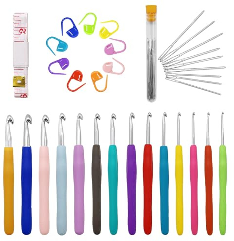 14 pièces de crochets à tricoter de taille complète, 44 pièces de kit de crochet pour débutants avec accessoires de crochet, ensemble de crochets ergonomiques en caoutchouc souple (2,0 mm - 10,0 mm)