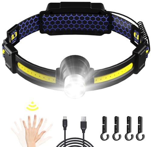 JIASESCS Torcia Frontale,Lampada Frontale LED Ricaricabile LED con Angolo di 90° Regolabile/Zoomabile/Super Luminoso a 260° con Fascio Largo Leggero e Portatile per Corsa,Pesca,Lavoro,Campeggio