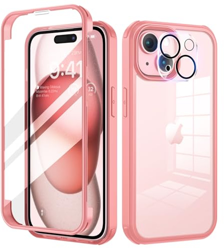 seacosmo Coque pour iPhone 15 Antichoc Housse avec Verre Trempé Protection écran +[9H Dureté Caméra Arrière Protecteur] Intégrale Mince 360°Protection Bumper Robuste Transparente - Rose