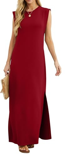 GRECERELLE Womens Summer Maxi Dress Casual Shirt Dresses Elegant Styles Basic Sleeveless Maxi Dresses for Women UK with Split and Pockets