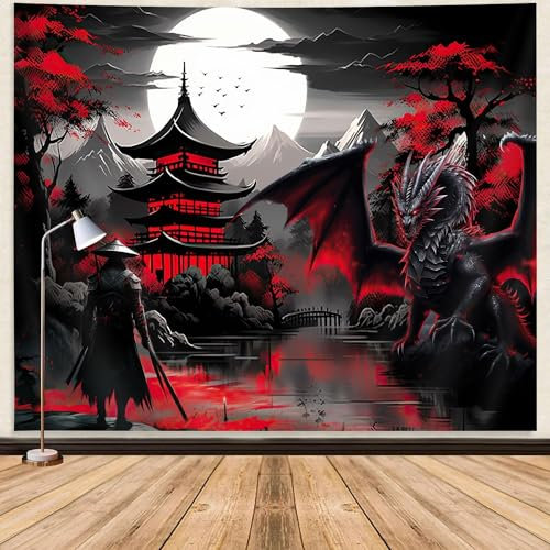 Tapisserie samouraï manga rouge et noir, tapisserie murale médiévale fantaisie dragon à suspendre pour homme, forêt montagne, nature, coucher de soleil, Asie sombre, tapisserie japonaise, esthétique