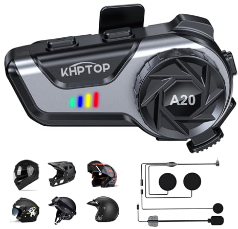 Khptop Casco Moto Auricolare CVC&DSP Riduzione del Rumore auricolari bluetooth moto Soft/Hard Mic/1000mAh Automatico Risposta/Chiamata Cuffia Musicale IPX6 Impermeabile Compatibile con Tutti i Caschi