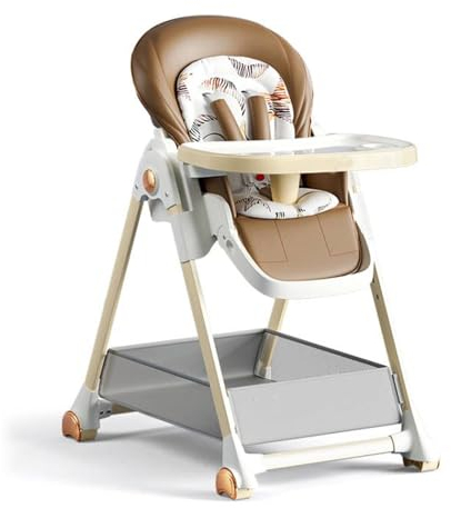 Nine point nine Cuero PU Trona de Bebe, Multifuncional Convertible Trona Plegable con 6 Alturas y 3 Posiciones Reclinables, Silla Bebe Comedor con Bandejas Dobles Desmontables y Ruedas (808 Khaki)
