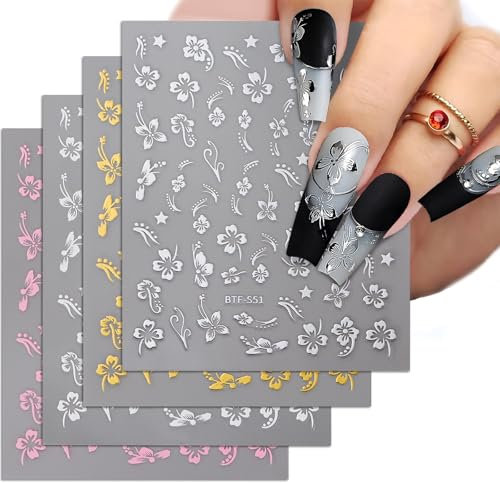 4 Blatt 4 Farben Hibiskus Blumen Nagelsticker Selbstklebend Nagel Stickers Nagelaufkleber Aufkleber Nail Art Zubehör DIY für Damen Mädchen Nagelkunst Dekoration Nageldesign