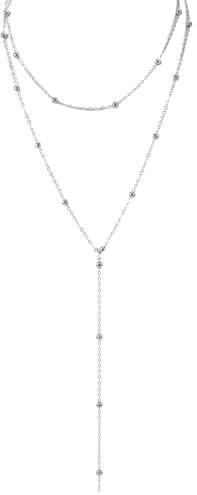 Halsband med Långa Lager för Kvinnor, Trendigt Y-Format Lariat Drop-Halsband Enkelt Pärlkedja Hängsmycke Present till Modesmycken (Silver)