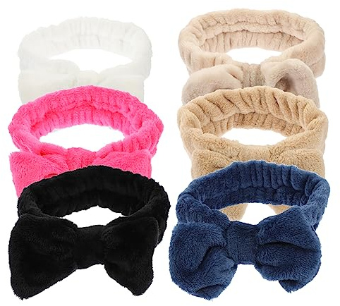 BELLIFFY 6pièces Bandeaux De Spa Pour Femmes De Fleece Nœud Mignon Élastiques Doux Pour Soins Du Visage Et Maquillage Accessoires Pratiques Pour Bain Détente