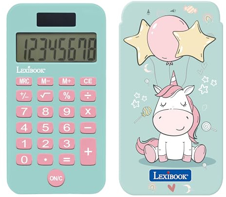 Lexibook, Unicornio, Calculadora de Bolsillo con Tapa Protectora, Funciones Clásicas y Avanzadas, a Pilas y Solar, Azul/Rosa, C45UNI