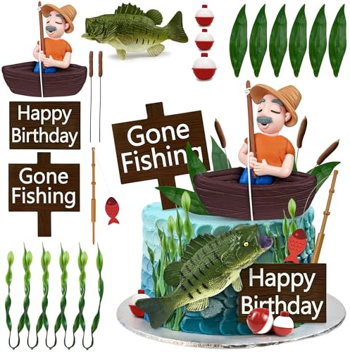 KDPATFAV 21 PCS Gone Fishing Cake Toppers - Fisherman, Fish, Boat & Accessories - Multi-purpose Occasion - Multicolored