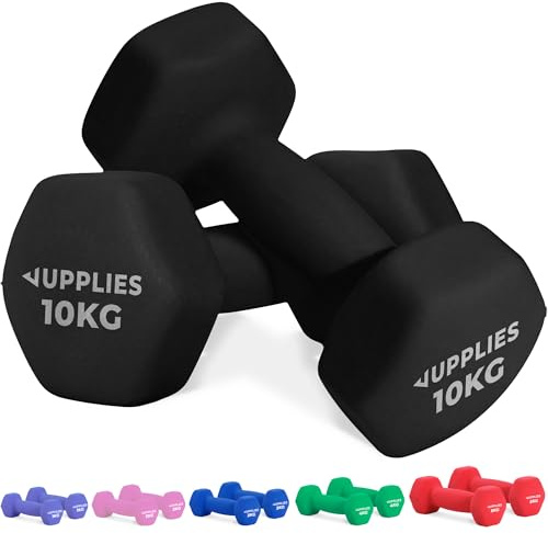 JUPPLIES Juego de Pesas y Mancuernas de Neopreno 1Kg/2Kg/ 3Kg/ 4Kg/ 5Kg/10Kg (Pares) - Diseño compacto, Anti-Rodamiento y Antideslizantes - Entrenamiento en Casa (Negro - 2 x 10 kg)