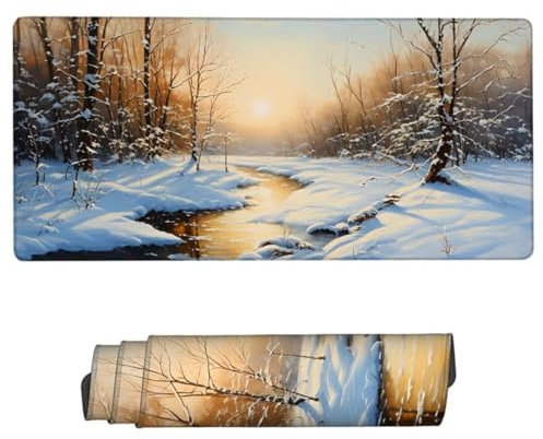 Spelmusmatta vit musmatta, vattentät musmatta snö scen skrivbordsmatta stor 160 x 80 x 0,3 cm, halkfri skrivbordsmatta, sydda kanter spelmusmatta, förbättrad precision och hastighet, gåvor för män