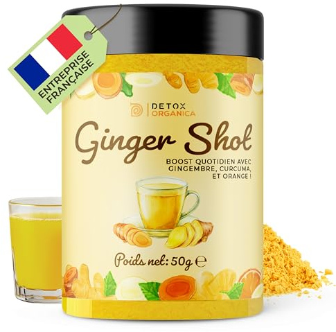 DETOX ORGANICA Ginger Shot - Jusqu'à 40 shots de Jus de Gingembre - Booster et Detox - 50g Préparation de Gingembre en poudre et Curcuma pour pour thé, infusion et jus - Mélange en Poudre