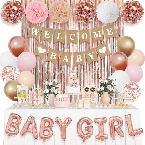 Ouddy Party Rose Gold Baby Shower Decorations for Girl with Welcome Baby Banner Baby Girls Rose Gold Pink Gold White Foil Balloons Fringe Curtains Paper Pom Poms for Baby Shower Reveal Party Supplies
