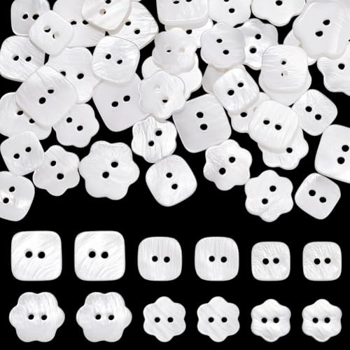 PH PandaHall 60 botones de concha natural, botones de costura de 10 a 15 mm, botón cuadrado de flores de 2 agujeros, botón blanco de concha marina para abrigos de tela, trajes, chaquetas, jeans