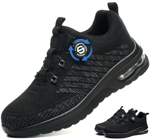 Ayqyc Sicherheitsschuhe Herren Damen Arbeitsschuhe Leicht Atmungsaktiv rutschfeste Stahlkappenschuhe mit Drehschnallen Schnürsenkeln Schwarz 44 EU
