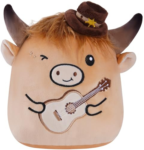 Highland Cow Stuffed Animal, 8 Inch Cute Country Cow Plush Toy with Guitar and Cowboy Hat, Soft Kawaii Plushie Pillow Gifts for Kids Boys Girls, Farm Animal Decor for Christmas Birthday Holiday