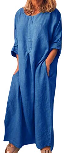 Generisk dam linneklänning sommar lång: sommarklänning linneklänningar 3/4 ärm boho muslinklänning enfärgad strandklänningar elegant fritidsklänning bomull linne maxiklänning vintage strandtunika