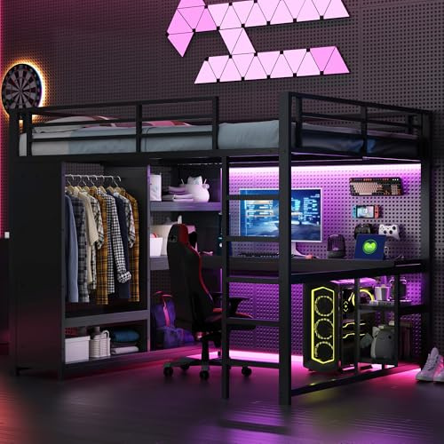 Yihomfy Lit Mezzanine Gaming en Métal 160x200, Lit en Hauteur avec LED Intelligente & Multiprise, Bureau et Placard, Étagères et Compartiments de Rangement, Échelle et Barrière Sécurité, Noir-G