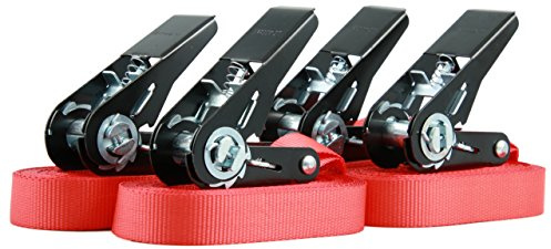 Lot de 4 Sangles d'arrimage Sangles à cliquet, Rochet Noir de Haute qualité, Charge admissible jusqu'à 400 kg, Selon DIN en 12195-2, Longueur 4m Largeur 25mm, en Une pièce, Rouge