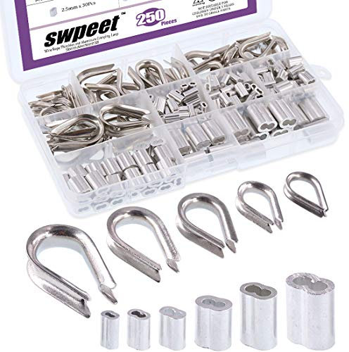 Swpeet 250Pcs 304 Stainless Steel Rope Cable Thimbles and 6 Sizes Aluminum Crimping Loop Sleeve Assortment Kit Perfect for 1/8 - 5/32 Diameter Wire Rope Cable Thimbles Rigging