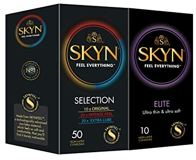 SKYN Selection 50 Stück & Elite 10 Stück/Skynfeel Latexfreie Kondome: 10 x Original, 10 x Intense Feel, 10 x Extra Gleitmittel, Normale Größe, Ultradünn