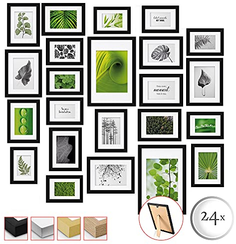 bomoe Set di 24 Cornici per foto Nature 10x 10,5x15 cm, 8x 13x18 cm, 4x 15x20 cm, 2x 20x30 cm - Collage cornici - cornice portafoto multipla - Nero - Cornici foto multiple da Parete - cornici parete