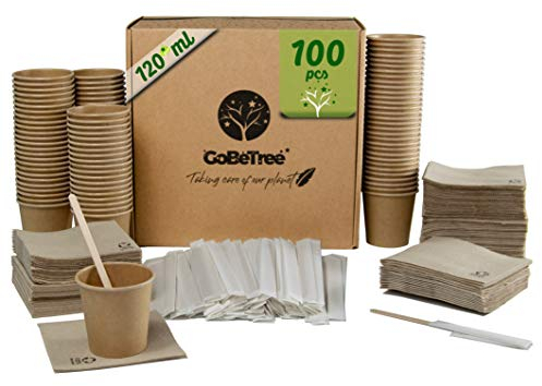 100 tazas de café desechables Kraft con PLA para café expreso de 120 ml con agitadores de madera en bolsa de papel para café y servilletas recicladas