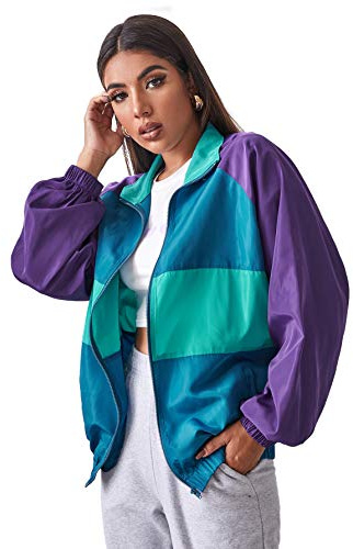 SweatyRocks Women's Lightweight Windbreaker Patchwork Zipper Sport Jacket Coat Outerwear Purple Blue L