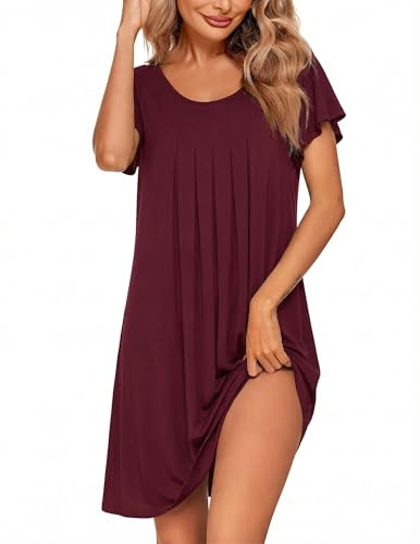 Ekouaer Nattlinne damer sovskjorta kortärmad nattkläder kort sovskjorta oversize bigshirts, S–3XL, Vinröd, XXL