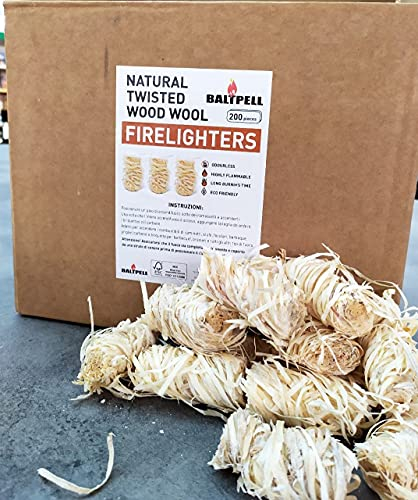 BALTPELL Accendifuoco in Lana di Legno di Pino Naturale | Inodore ed Ecologico | 200 Pezzi per Scatola | Ottimo per l'accensione del fuoco in Stufe, Barbecue, Forni per Pizza e Affumicatori