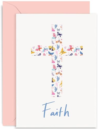 Old English Co. Colourful Butterfly Faith Card - Pastel Spring Colours Easter Religious Holiday Card - For Baptism or Christening for Him or Her | Blank Inside with Envelope