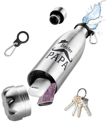 Domemit Bester Papa Geschenke Trinkflasche Edelstahl, Isolierte Wasserflasche mit Storage-Box für Kopfhörer, Geld, Stash Can Metall Reisesafe für Hause, Büro, Hotel, Strand