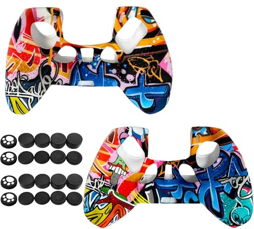 TATIVALO 2 Stücke Silikon Hülle für ps5 Controller, Case Anti-Rutsche Schutzhülle Griffe Skin mit 10 Joystick-Kappen für ps5 Wireless Controller (2 Stücke Graffiti-Designs)