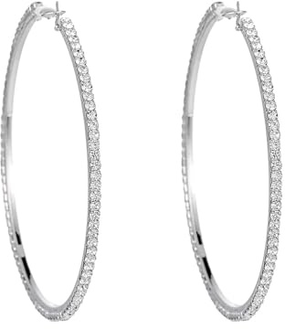 100mm Boucles d'Oreilles Créoles Extra Larges En Strass Pour Femmes Et Filles Hypoallergéniques Grands Créoles En Cz Pendantes Tendance Chic Bijoux De Fête Cadeaux 4 Pouces (Argent)