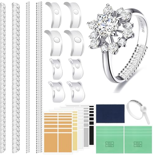 VEPEPE Lot de 38 Réducteurs de Bague Invisibles en Silicone, Ajusteurs de Taille avec Onglets, Chiffon de Polissage et Outil de Mesure, pour Hommes et Femmes