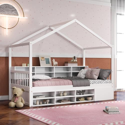 LIFEZEAL Lit Cabane Enfant 90x200 cm avec 14 Compartiments et 1 Casier, Cadre de Lit à Baldaquin en Bois, Charge 200 kg, Blanc