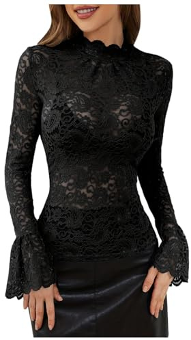 T-shirt trasparente in pizzo a maglia fine a maniche lunghe a campana da donna tunica top chic ed elegante maglietta a collo alto camicia a collo alto a taglio aderente, Le Noir, XL